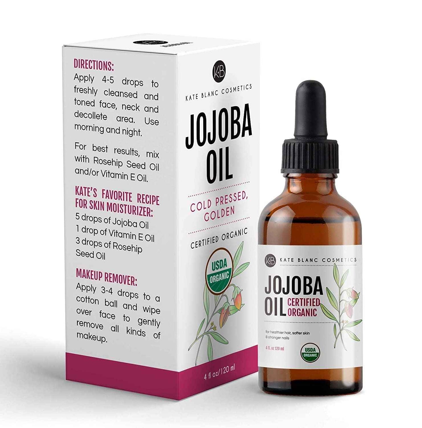 Kate Blanc Cosmetics Jojoba Oil Organic for Hair, Skin & Face (100% Pure, Cold Pressed, Unrefined, Natural, Hexane Free, Glass Bottle)