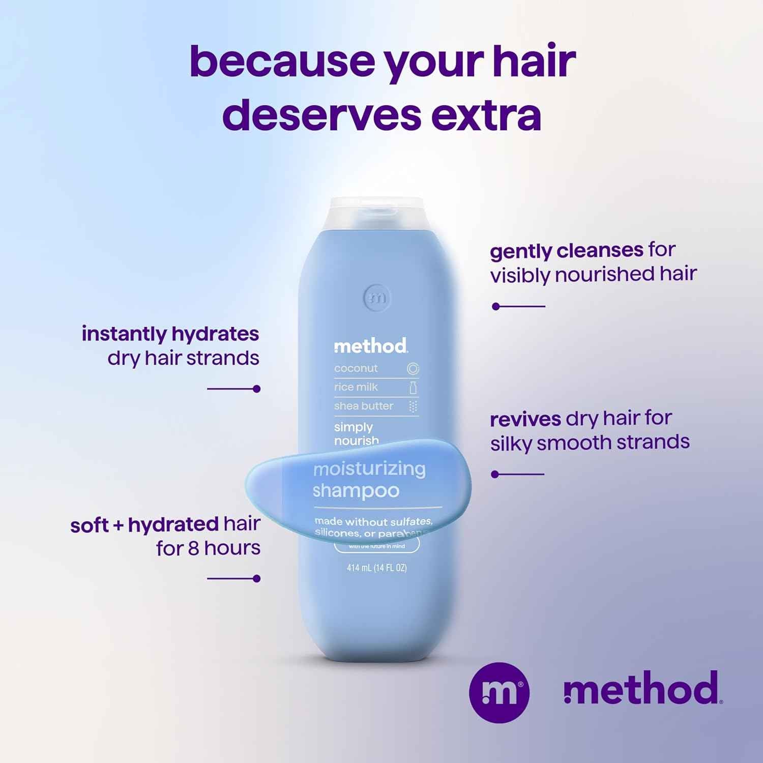 Method Moisturizing Shampoo, Simply Nourish - Hydrates and Revives Dry Hair, Safe for Color-Treated Hair – Sulfate Free and Cruelty Free - 14 oz