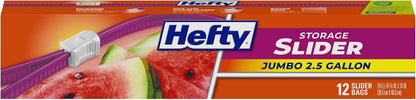 Hefty Slider Jumbo Storage Bags, 12 Count, 2.5 Gallon Extra Large Storage Bags for Bulk Leftovers, Travel Clothes, Shoes, Office Supplies, and More, Writable Label, Secure Zip and Click Closure