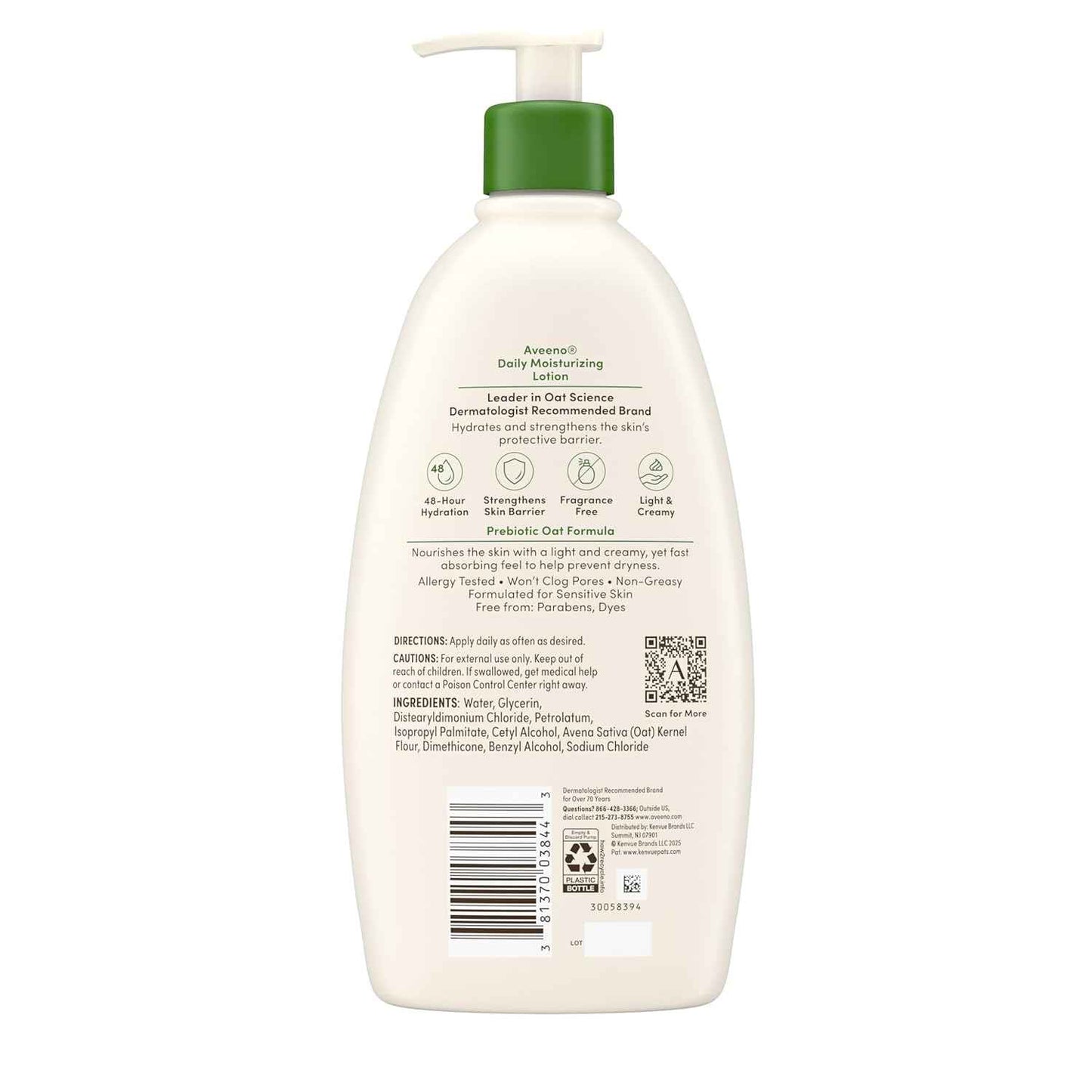 Aveeno Daily Moisturizing Body Lotion, Body Lotion for Dry Skin with Prebiotic Oat, Paraben Free, Non-Greasy, Non-Comedogenic Moisturizer