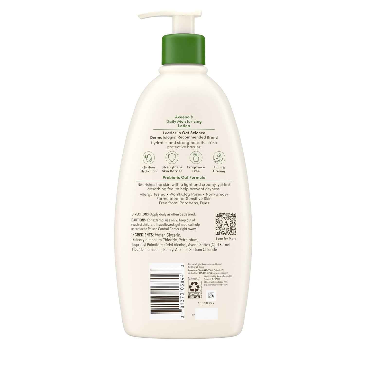 Aveeno Daily Moisturizing Body Lotion, Body Lotion for Dry Skin with Prebiotic Oat, Paraben Free, Non-Greasy, Non-Comedogenic Moisturizer