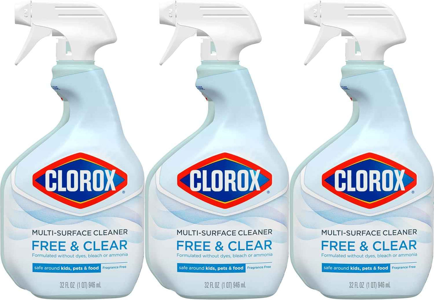 Clorox Free & Clear Multi Surface Cleaner, Spray Bottle, Fragrance Free, 32 Fluid Ounces, Pack of 3