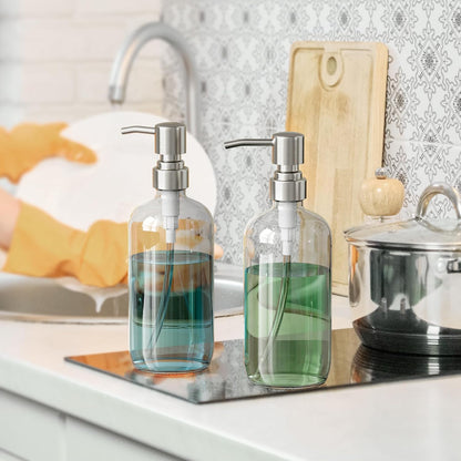 AmazerBath_Soap_Dispenser,_2_Pack_Glass_Soap_Dispenser_with_Pump_Stainless_Steel,_17_Oz_Hand_Soap_Bottles_Bathroom_Kitchen,_Clear