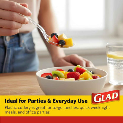 Glad Clear Plastic Spoons, Sturdy Disposable Plastic Cutlery for Parties, Events, Outdoor Meals, and Everyday Use, Clear Neutral Design Fits Any Table Setting, 24 Count