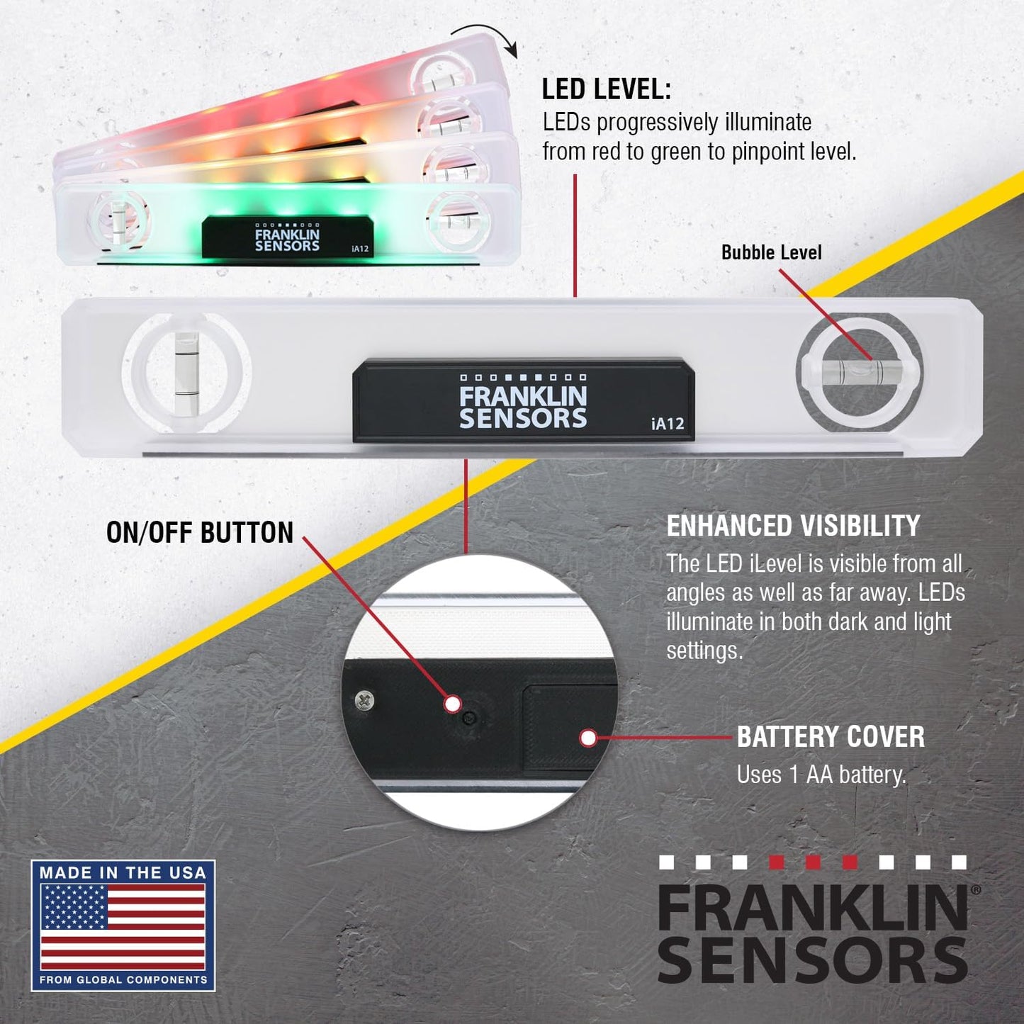 Franklin_Sensors_Light_Level,_Turns_Green_When_Level,_Digital/Electronic,_12-inch_Magnetic_Torpedo_Leveler,_Vertical_and_Horizontal_Leveling_Tool_with_2_Bubble_Vials,_Made_in_the_USA