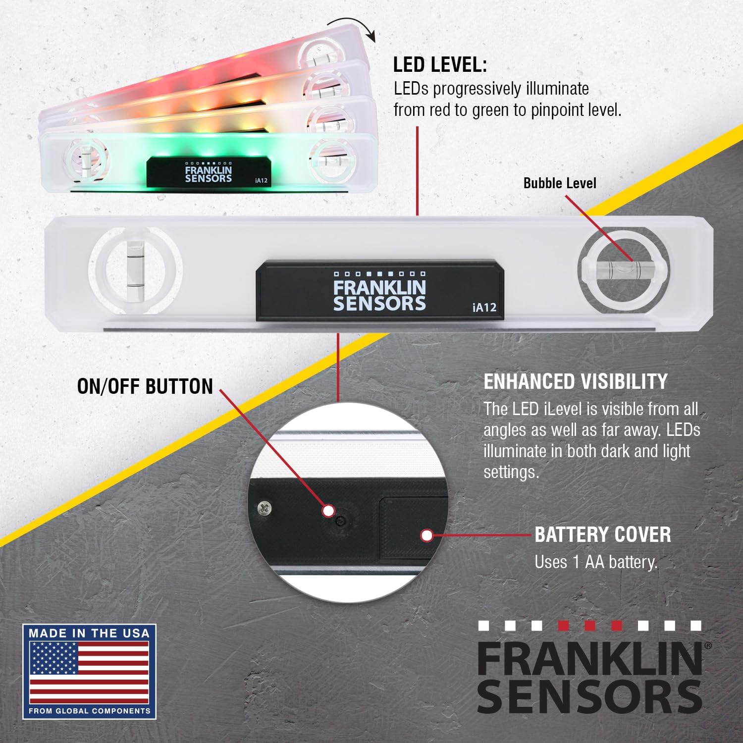 Franklin_Sensors_Light_Level,_Turns_Green_When_Level,_Digital/Electronic,_12-inch_Magnetic_Torpedo_Leveler,_Vertical_and_Horizontal_Leveling_Tool_with_2_Bubble_Vials,_Made_in_the_USA