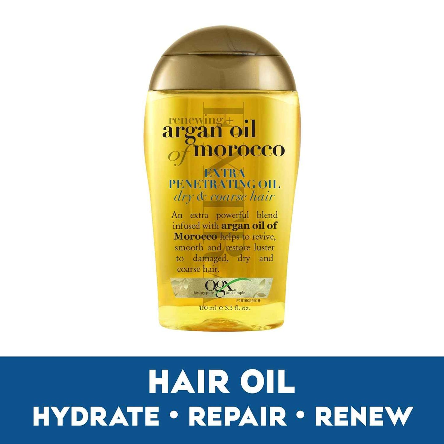 OGX Renewing + Argan Oil of Morocco Hair Oil, Extra Strength Penetrating Serum Treatment for Dry, Damaged, Frizzy, Curly & Coarse Hair, Cold-Pressed Argan Oil, Shine, 3.3 Fl Oz