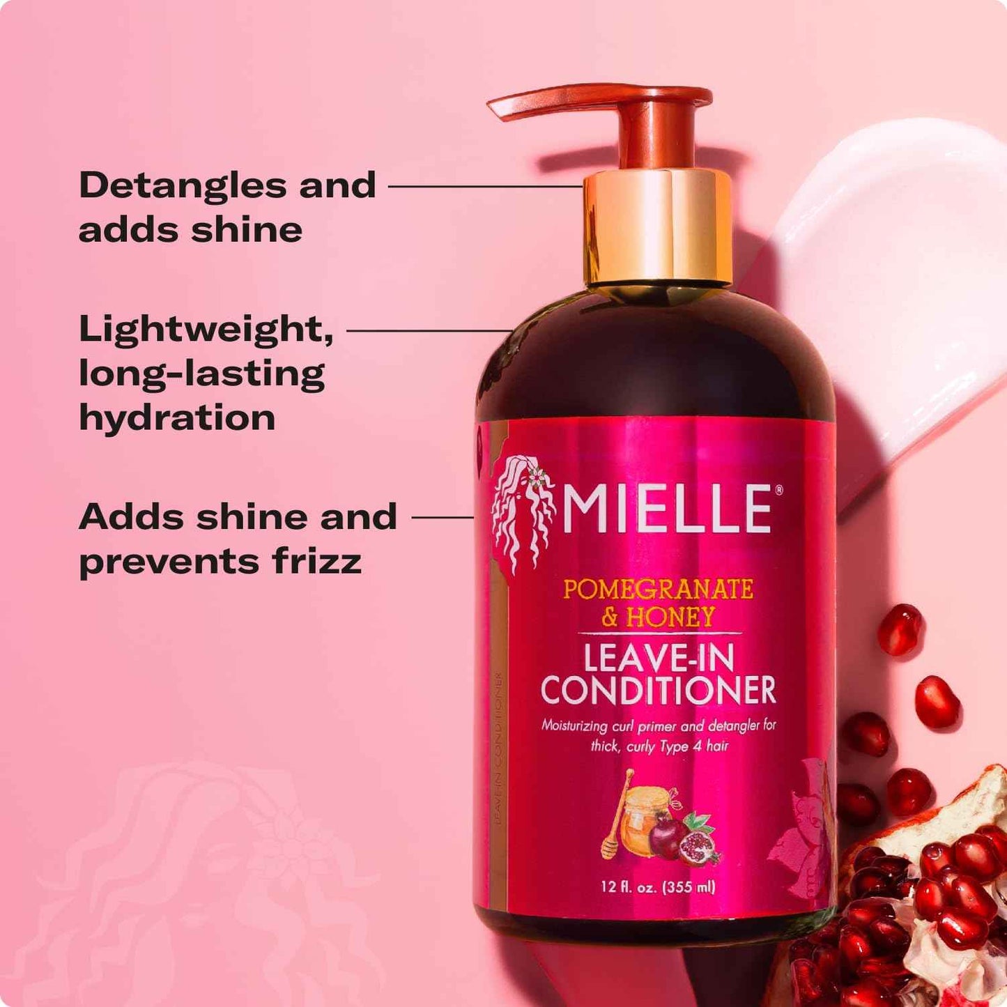 Mielle Organics Pomegranate & Honey Leave-In Conditioner for Curly Hair - Moisturizing Detangler & Curly Hair Treatment to Help Repair Damage, Prevent Frizz & Improve Shine, 12 Fl Oz