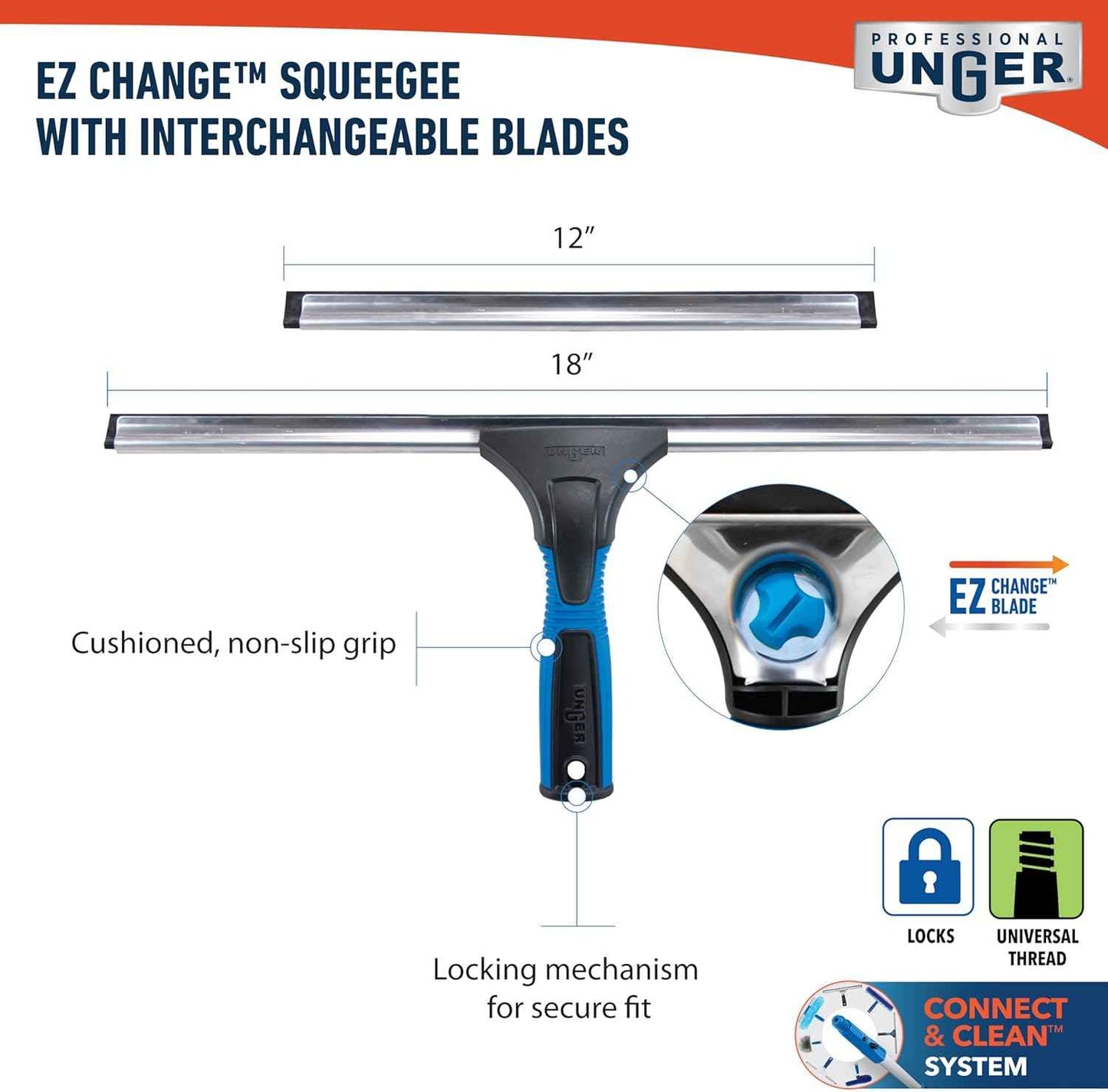 Unger Professional Connect and Clean 18” EZ Change Window and Glass Cleaning Squeegee, Large and Small Windows, Rubber Blade Tool for Streak-Free Results