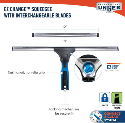 Unger Professional Connect and Clean 18” EZ Change Window and Glass Cleaning Squeegee, Large and Small Windows, Rubber Blade Tool for Streak-Free Results