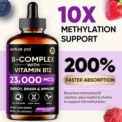 Venture Pal Vitamin B Complex Liquid Drops, B12 Methylcobalamin | B9 Folic | B1,B2,B3,B5,B6,B16 - Vitamin C, Choline, Inositol, Immune & Energy Metabolism, Brain & Heart Support