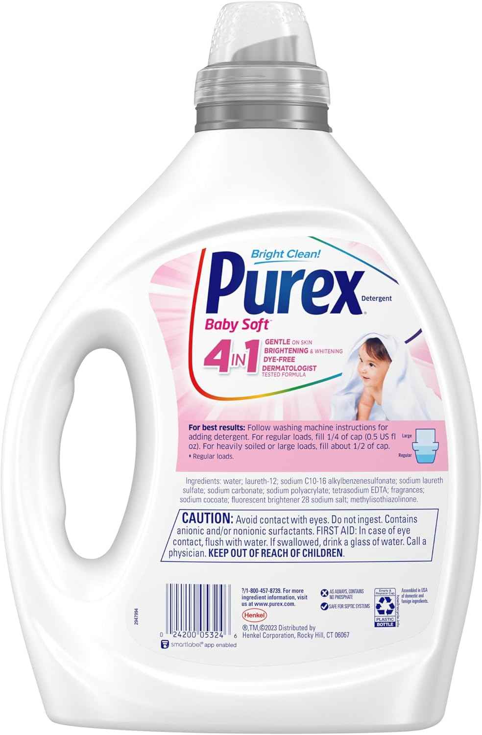 Purex Baby Soft Liquid Laundry Detergent, Ultra Concentrated, 82.5 fl oz, 165 Loads, Hypoallergenic, Dye Free, Gentle on Skin