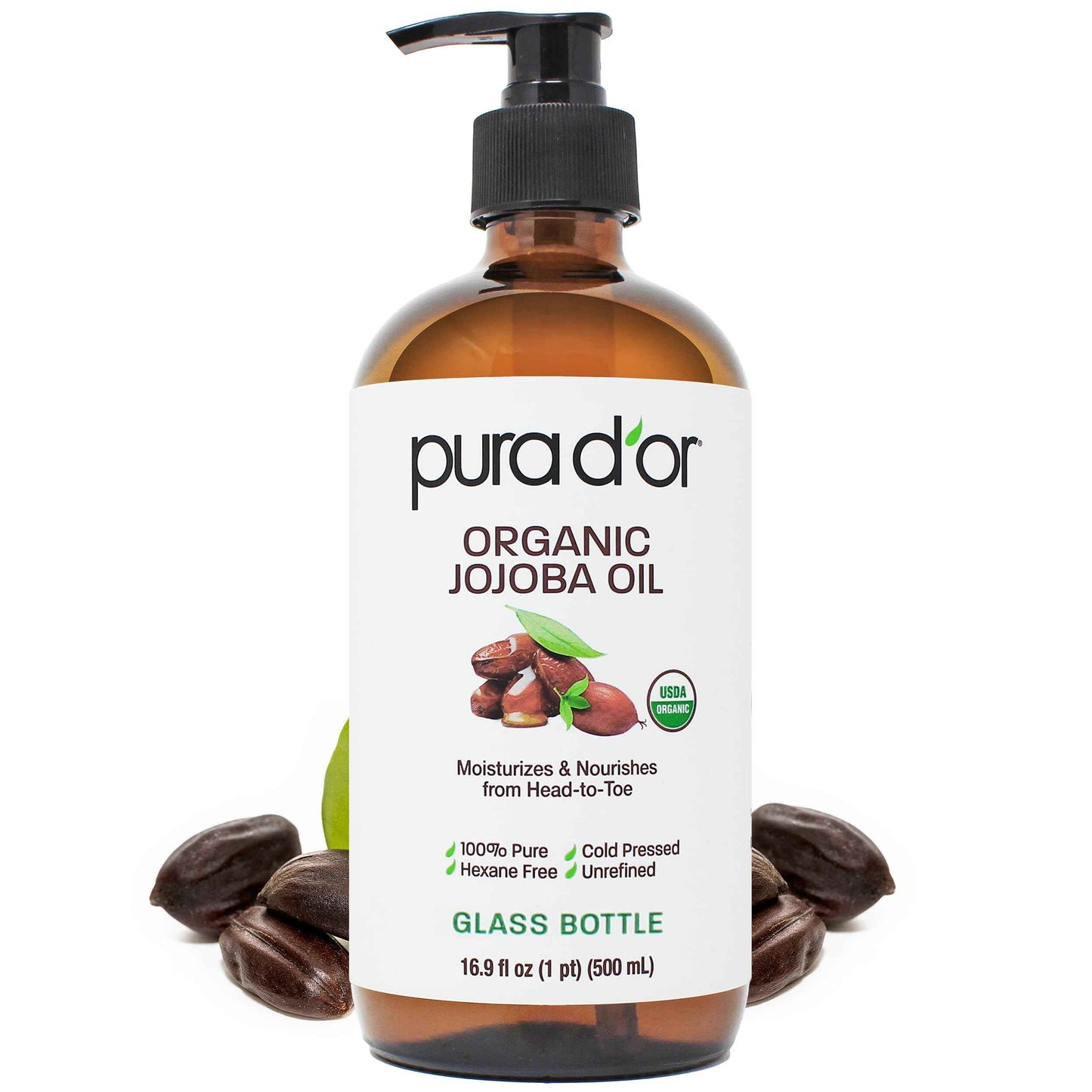 PURA D'OR ORGANIC Fractionated Oil – USDA Certified – MCT Oil – Therapeutic, Hydrating, Lightweight Moisturizer – Hexane Free Carrier Oil For Essential Oils & Massage – Face, Hair & Body