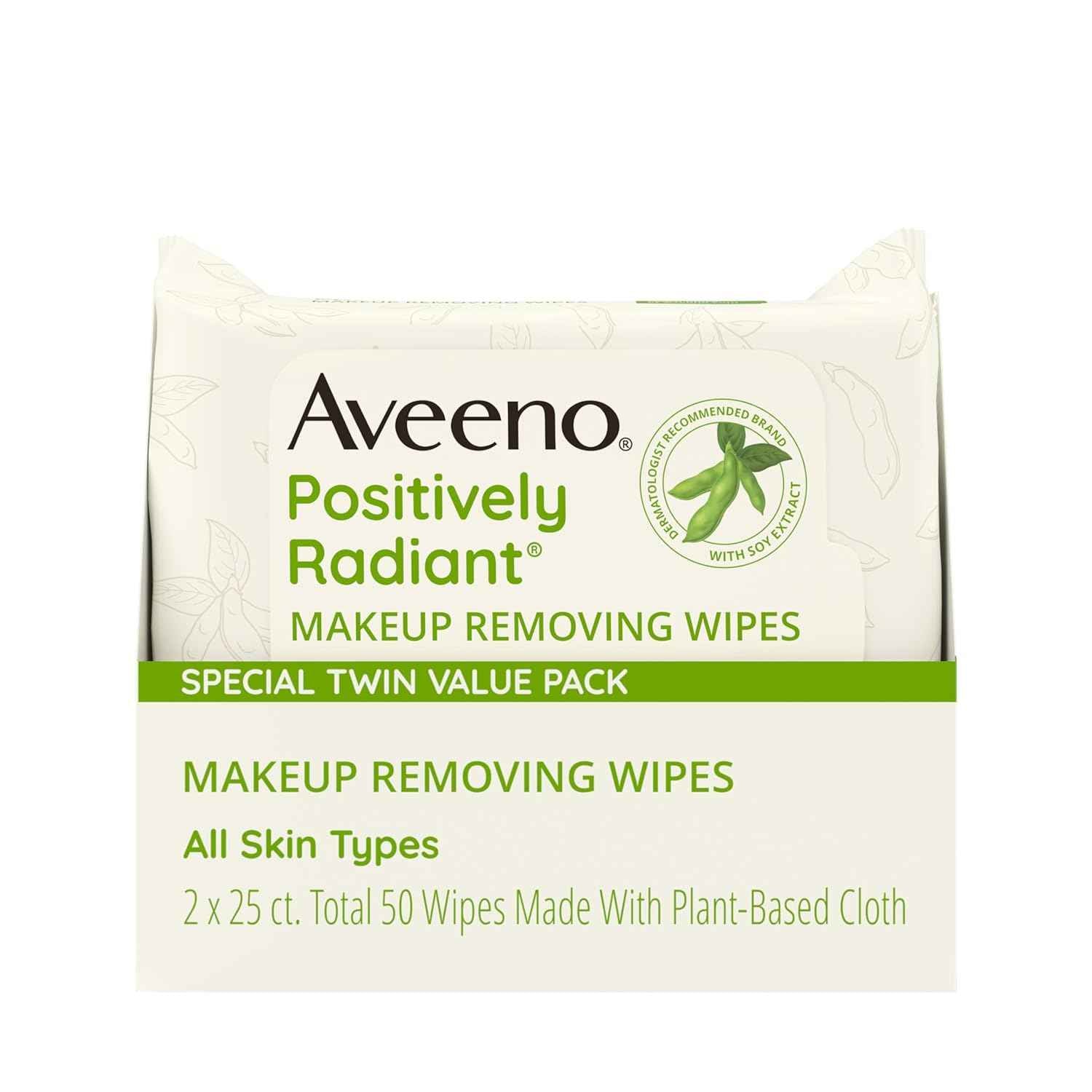 Aveeno Positively Radiant Makeup Remover Wipes, Oil Free, Alcohol Free, Non-Comedogenic Facial Cleansing Wipes, Gentle Face Wipes for Sensitive Skin, Travel Makeup Wipes