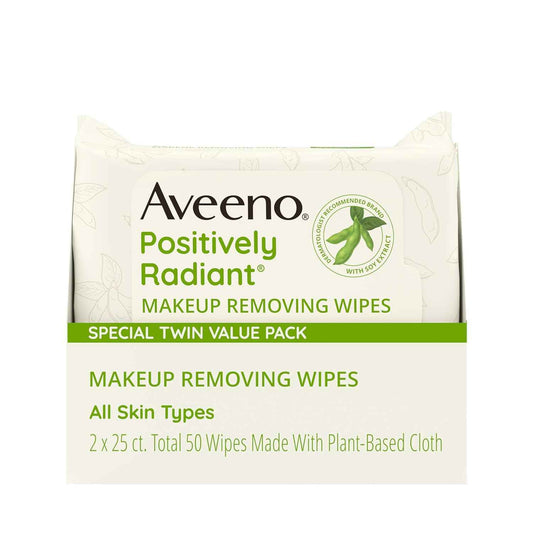 Aveeno Positively Radiant Makeup Remover Wipes, Oil Free, Alcohol Free, Non-Comedogenic Facial Cleansing Wipes, Gentle Face Wipes for Sensitive Skin, Travel Makeup Wipes