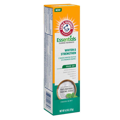 ARM & HAMMER Essentials Whiten & Strengthen Fluoride Toothpaste-4 Pack of 4.3oz Tubes, Fresh Mint- 100% Natural Baking Soda- Fluoride Toothpaste