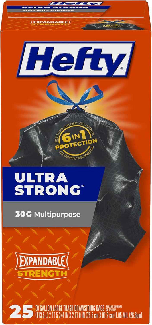 Hefty Ultra Strong Multipurpose Large Trash Bags, Black, Unscented, 30 Gallon