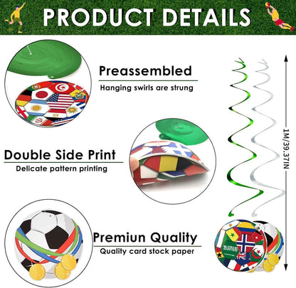 AhfuLife 24pcs Soccer Hanging Swirls for Party Decorations 2026, 12Pcs Soccer Flag Hanging Swirls and 12pcs Hanging Swirls for World Cup Home Party Decorations