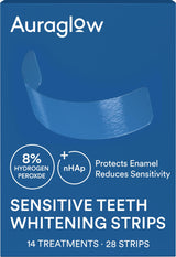 Sensitive Teeth Whitening Strips – 14 Treatments (28 Strips), Hydrogen Peroxide with Nano Hydroxyapatite, Low Sensitivity At-Home Whitening, Mint – Auraglow