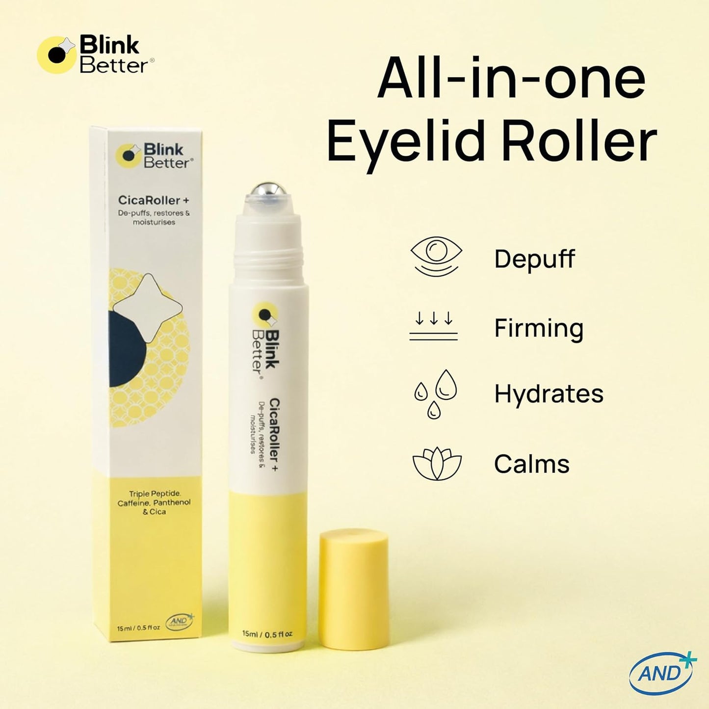 CicaRoller+_Depuffing_Eye_Roller_Serum_for_Eyelids_and_Under_Eyes_–_Cooling_Rollerball_with_2.5%_Caffeine,_Peptides,_Cica_&_Panthenol,_Hydrates,_Soothes_and_Smooths_Puffy_Eyes,_15_ml