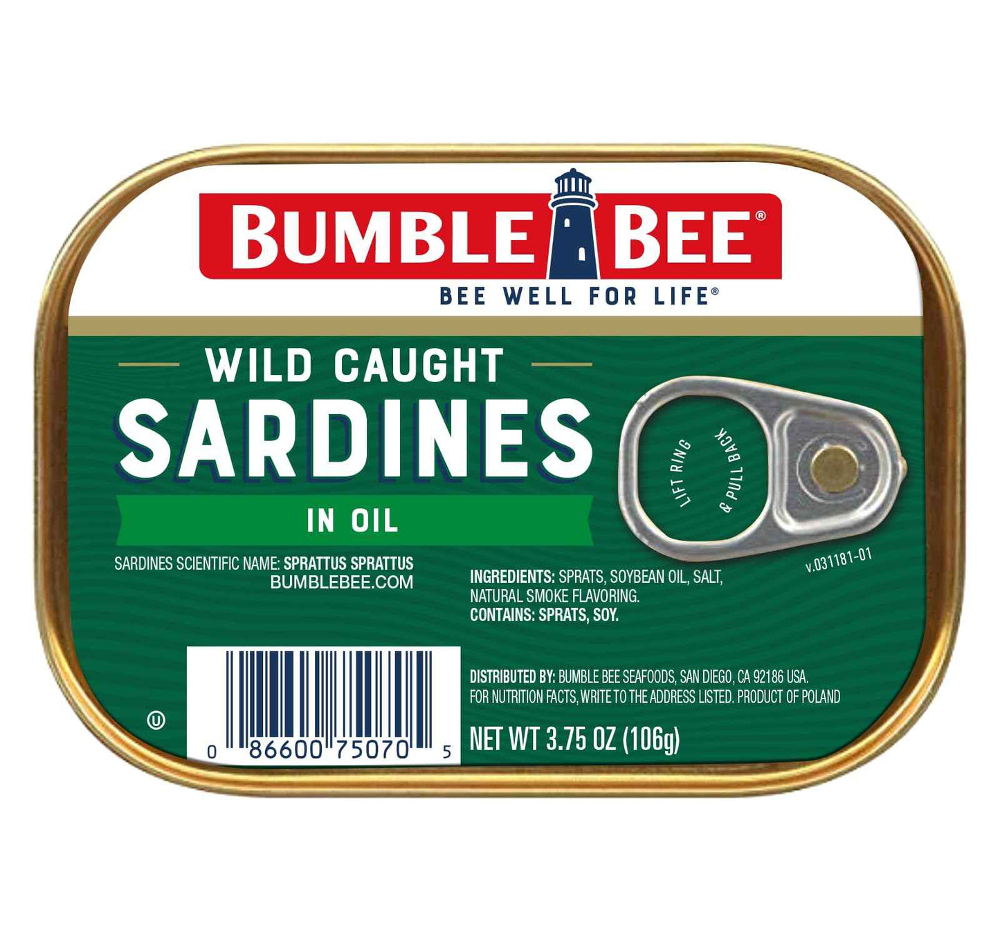 Bumble Bee Sardines, 3.75 oz Tin - Wild Caught, Gluten Free, Keto, Kosher
