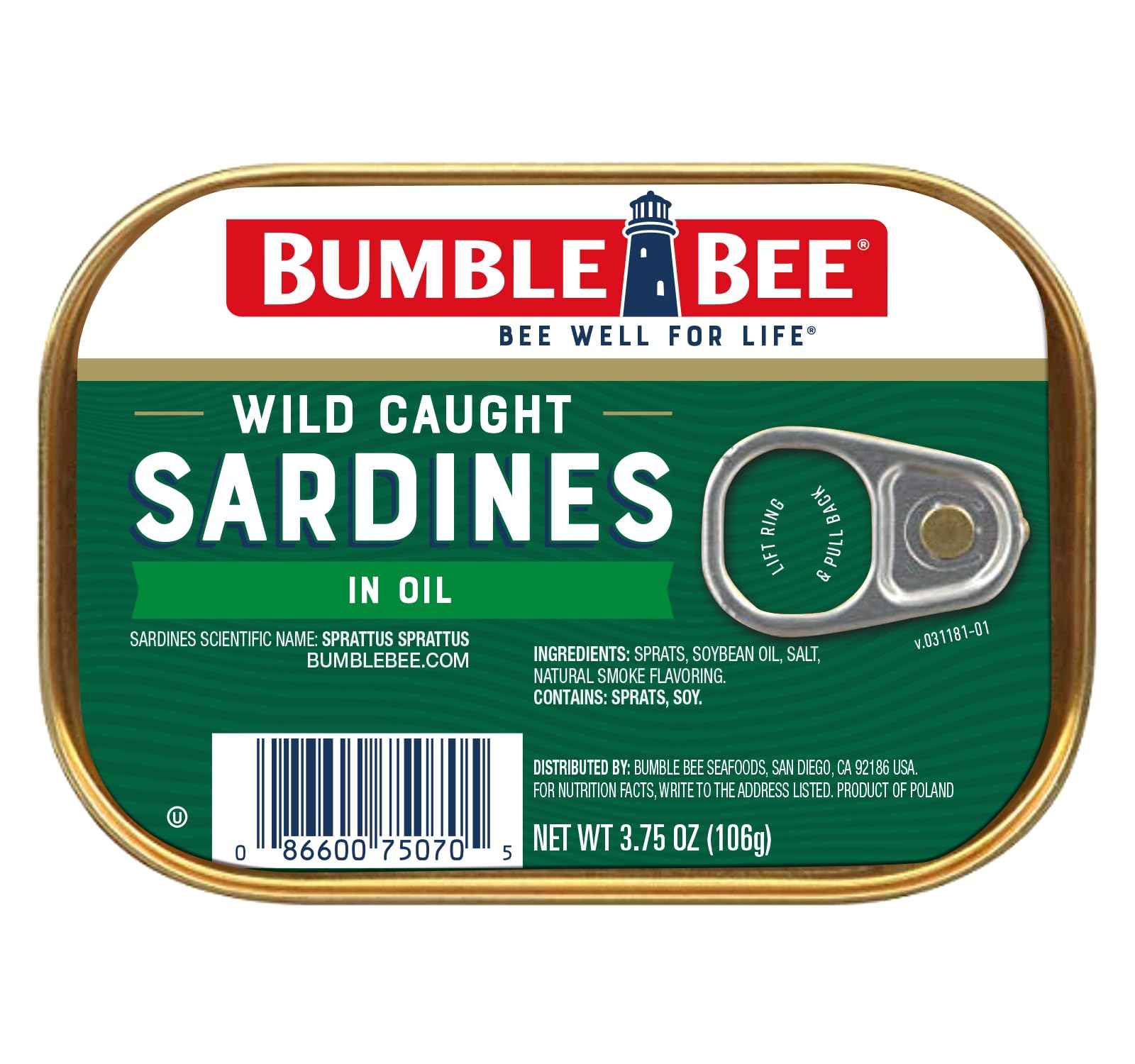 Bumble Bee Sardines, 3.75 oz Tin - Wild Caught, Gluten Free, Keto, Kosher