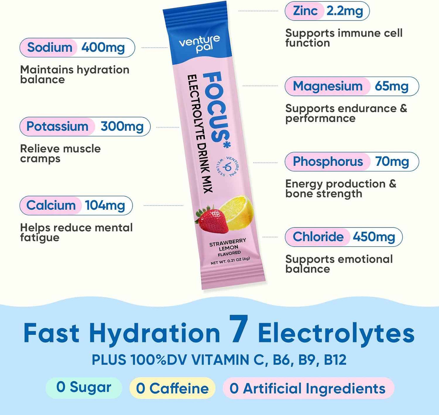 Venture Pal 2-in-1 Hydration Packets + Focus Support Electrolytes Powder, 7 Electrolytes + Vitamins, Magnesium, Lion's Mane & L-Theanine | Sugar Free Liquid Daily IV Drink Mix, Vegan, Keto, 16 Sticks