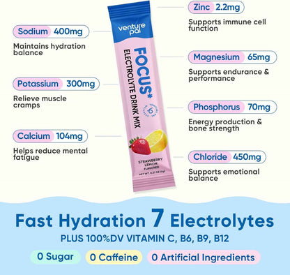 Venture Pal 2-in-1 Hydration Packets + Focus Support Electrolytes Powder, 7 Electrolytes + Vitamins, Magnesium, Lion's Mane & L-Theanine | Sugar Free Liquid Daily IV Drink Mix, Vegan, Keto, 16 Sticks