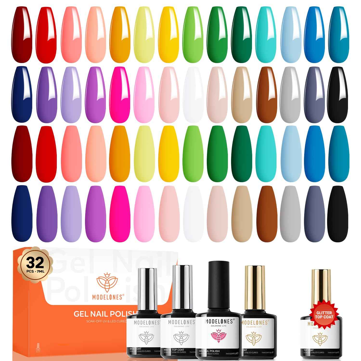 modelones 32 PCS Gel Nail Polish Set, 28 Colors Gel Polish with No Wipe Base Coat, Glitter & Glossy & Matte Top Coat Black Brown Red Purple Soak Off LED Nail Art Kit Salon at Home
