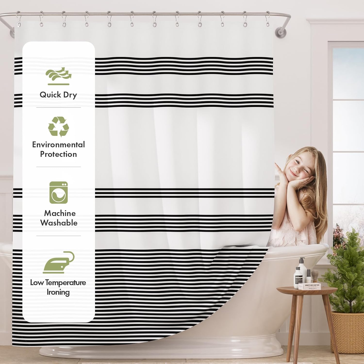 AmazerBath_Shower_Curtain,_Washable_Cloth_Black_Shower_Curtain_Sets_with_12_Shower_Curtain_Hooks,_Fabric_Rustic_Black_and_White_Striped_Curtain,_Farmhouse_Bathroom_Curtains,_72x72_Inches