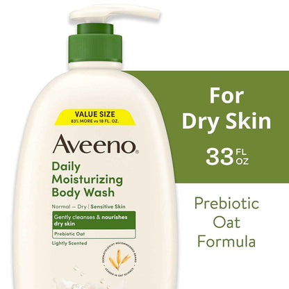 Aveeno Daily Moisturizing Body Wash for Dry & Sensitive Skin + Prebiotic Oat, Body Wash Gently Cleanses & Nourishes Dry Skin, Lightly Scented, Value Size