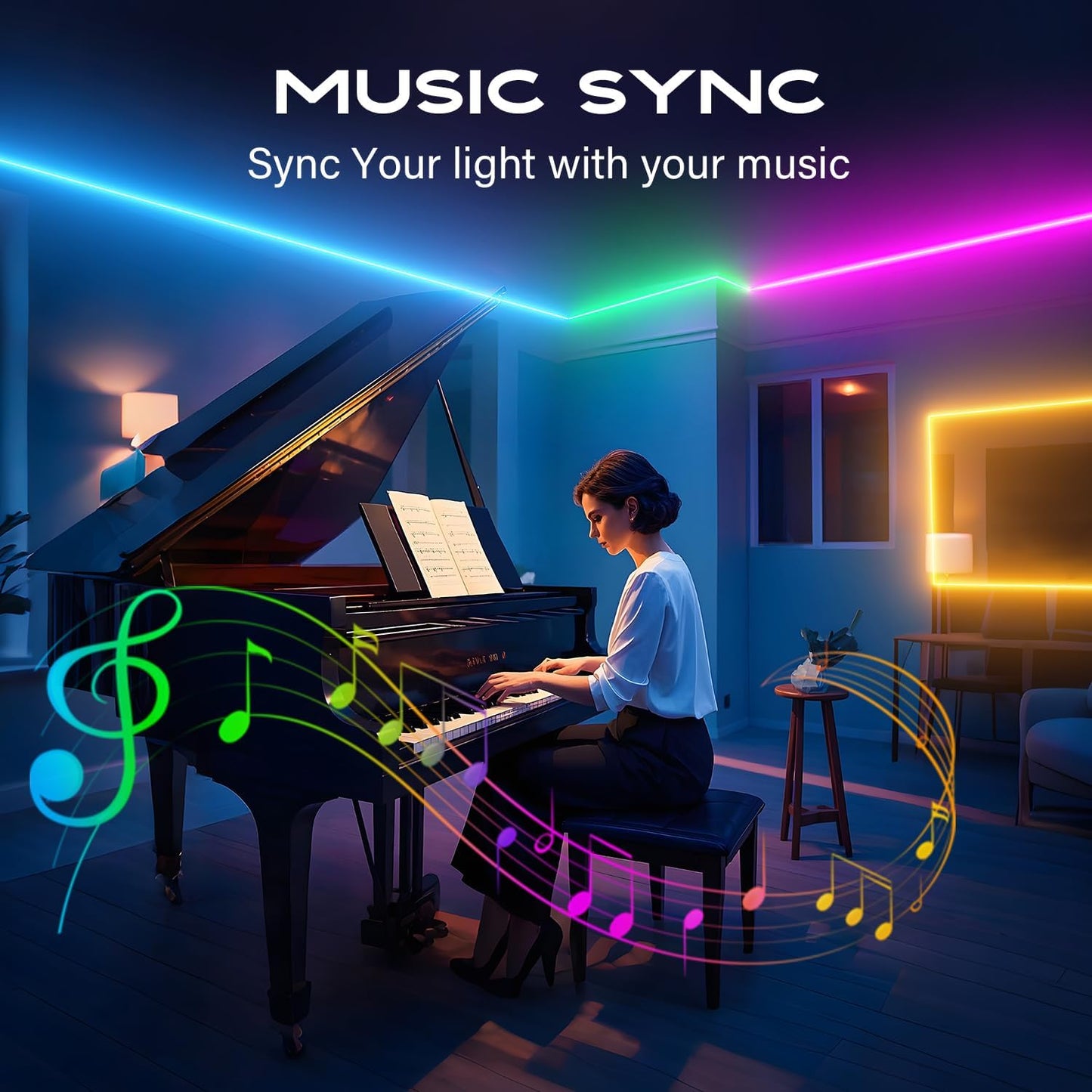 CHARKEE_130ft_LED_Strips_Lights_(65.6ft*2)_Full_Color_Sync_Music,_Dimmable_and_Color_Changing_RGB_LED_Strip_Lights,_24_Volt_Bluetooth_Flexible_LED_Lights_for_Bedroom,Family,DIY(Smart_App+Remote)