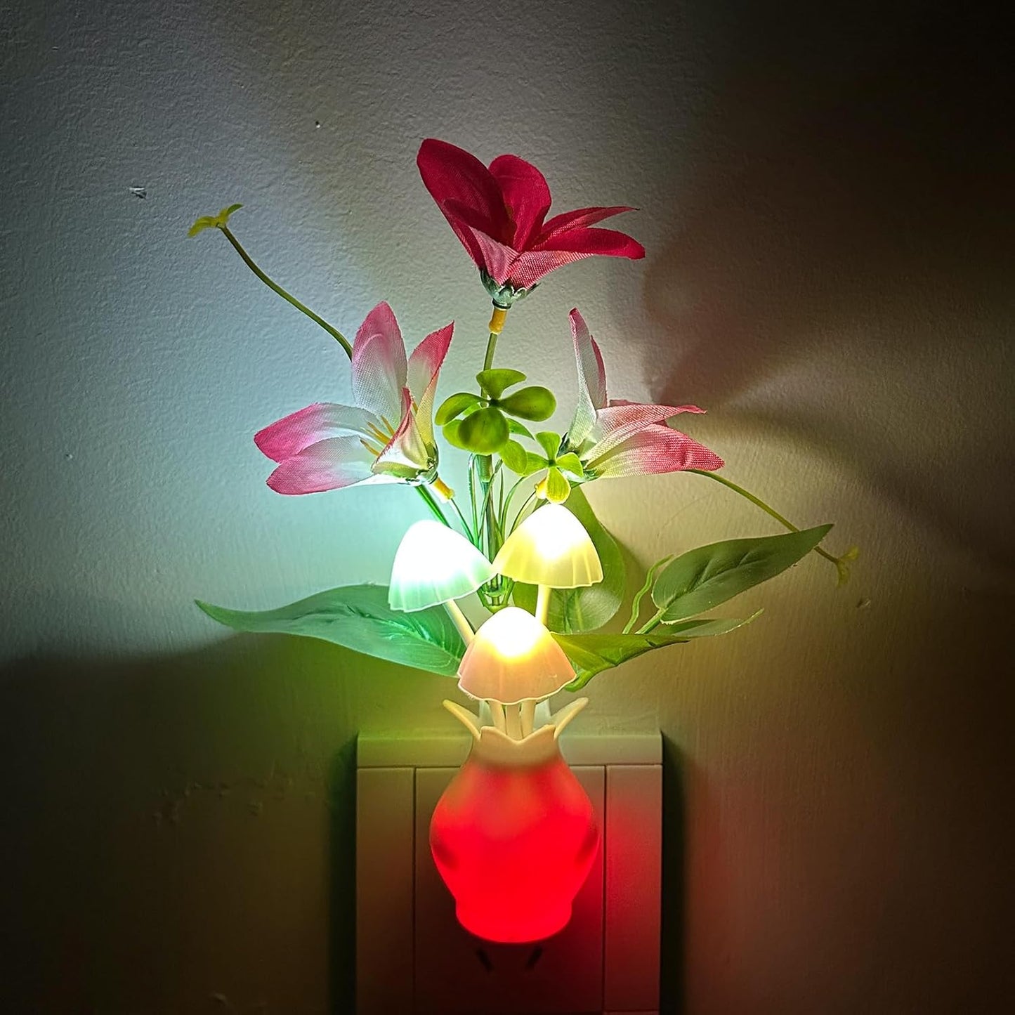 Plug-in_Night_Light_with_Auto_Light_Sensor,_RGB_LED_Mushroom_Night_Light_Wall_Based_Flower_Lamp_1W_Energy_Efficient_Nursery_Nightlight_for_Kids_Room,_Bedroom,_Nursery,_Lounge,_Hallway_and_Stairs