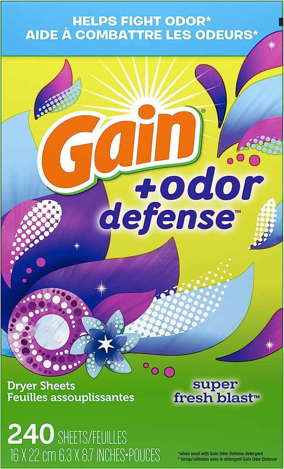 Gain Dryer Sheets Plus Odor Defense, Super Fresh Blast Scent, Helps fight static and odor, laundry sheets