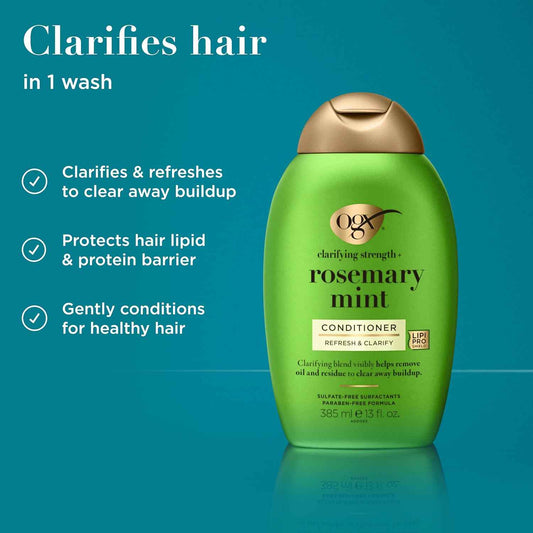 OGX Clarifying Strength + Rosemary Mint Conditioner, Clarifying Conditioner for Oily Hair Visibly Helps Remove Oil & Residue to Clear Away Buildup, Sulfate-Free Surfactants