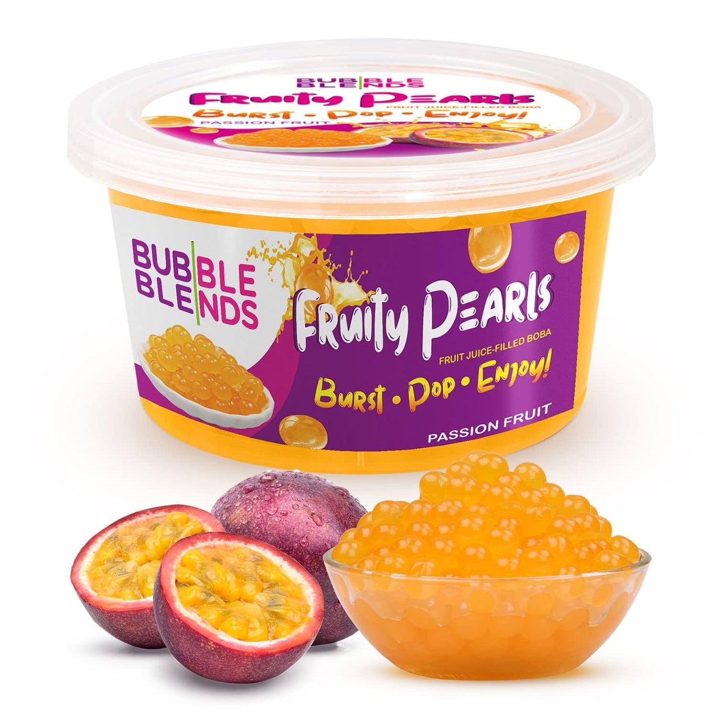 Bubble Blends Passion Fruit Popping Boba (1lb) - Popping Pearls 100% Fat-Free-Free - Real Fruit Juice Sago Balls - Tapioca Pearls for Bubble Tea, Boba Drink Sinkers &amp;amp; Dessert Toppings
