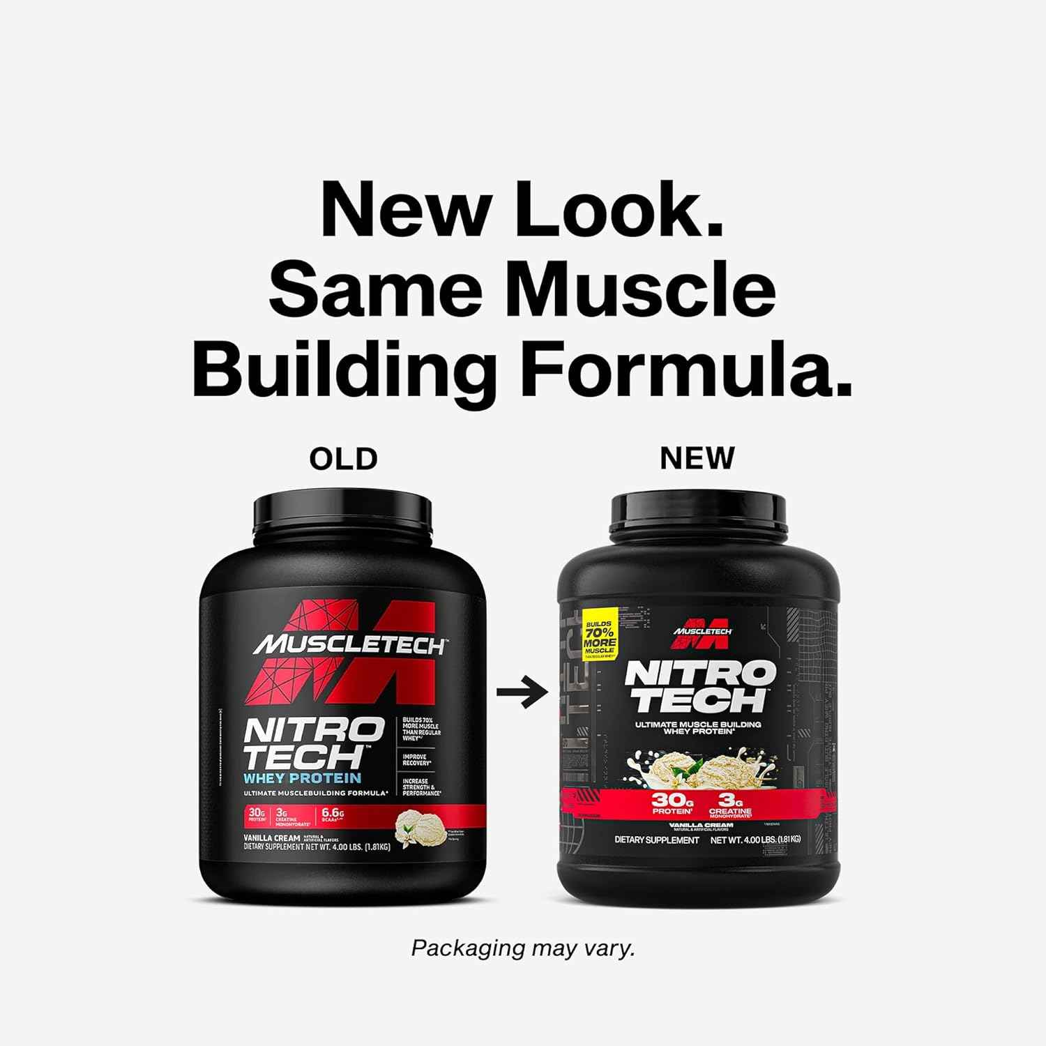Muscletech Whey Protein Powder - Nitro-Tech Ultimate Muscle Building Formula with Whey Protein Isolate - 30g of Protein, 3g of Creatine & 6.8g of BCAA - Packaging May Vary