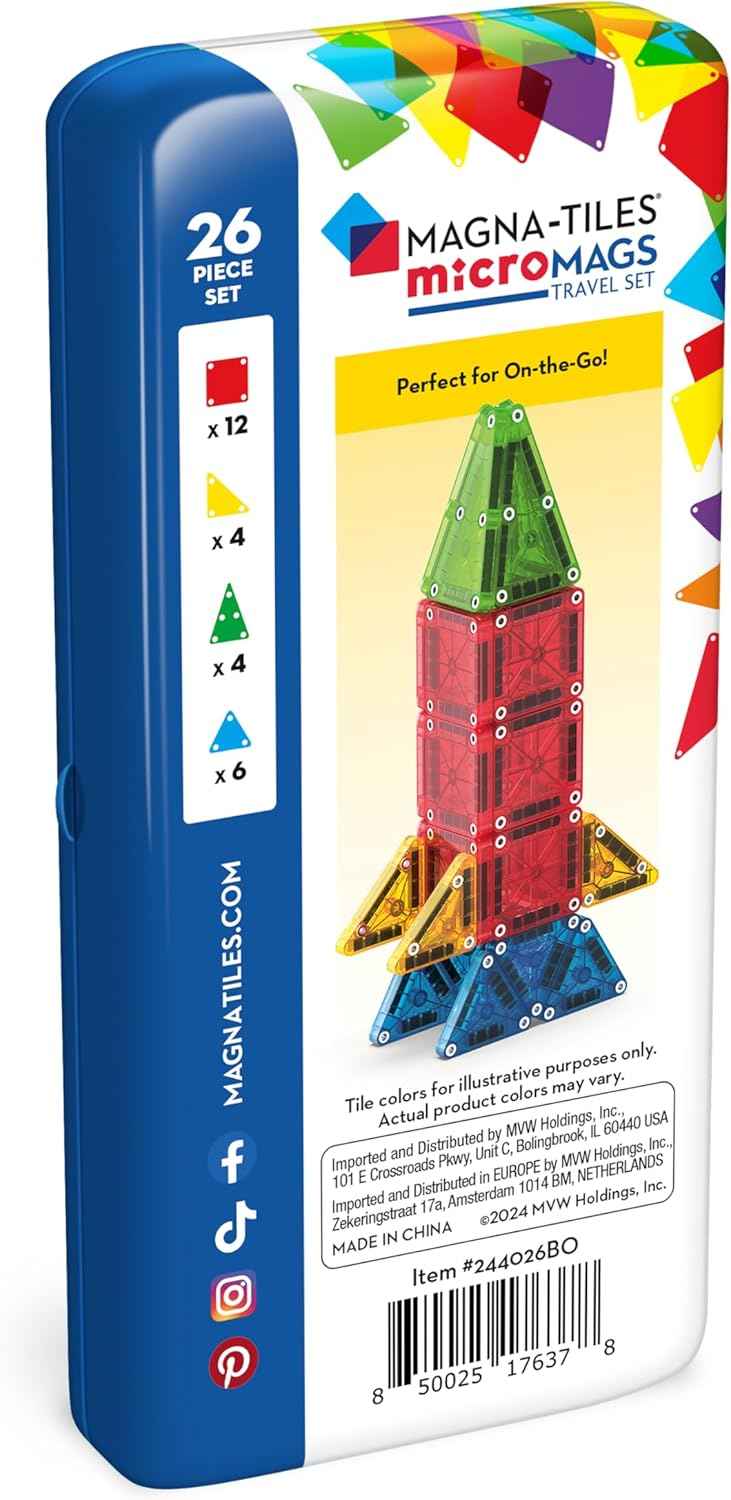 Magna-Tiles microMAGS 26-Piece Travel Magnetic Construction Set – Bold Colors, The Magnetic Building Brand