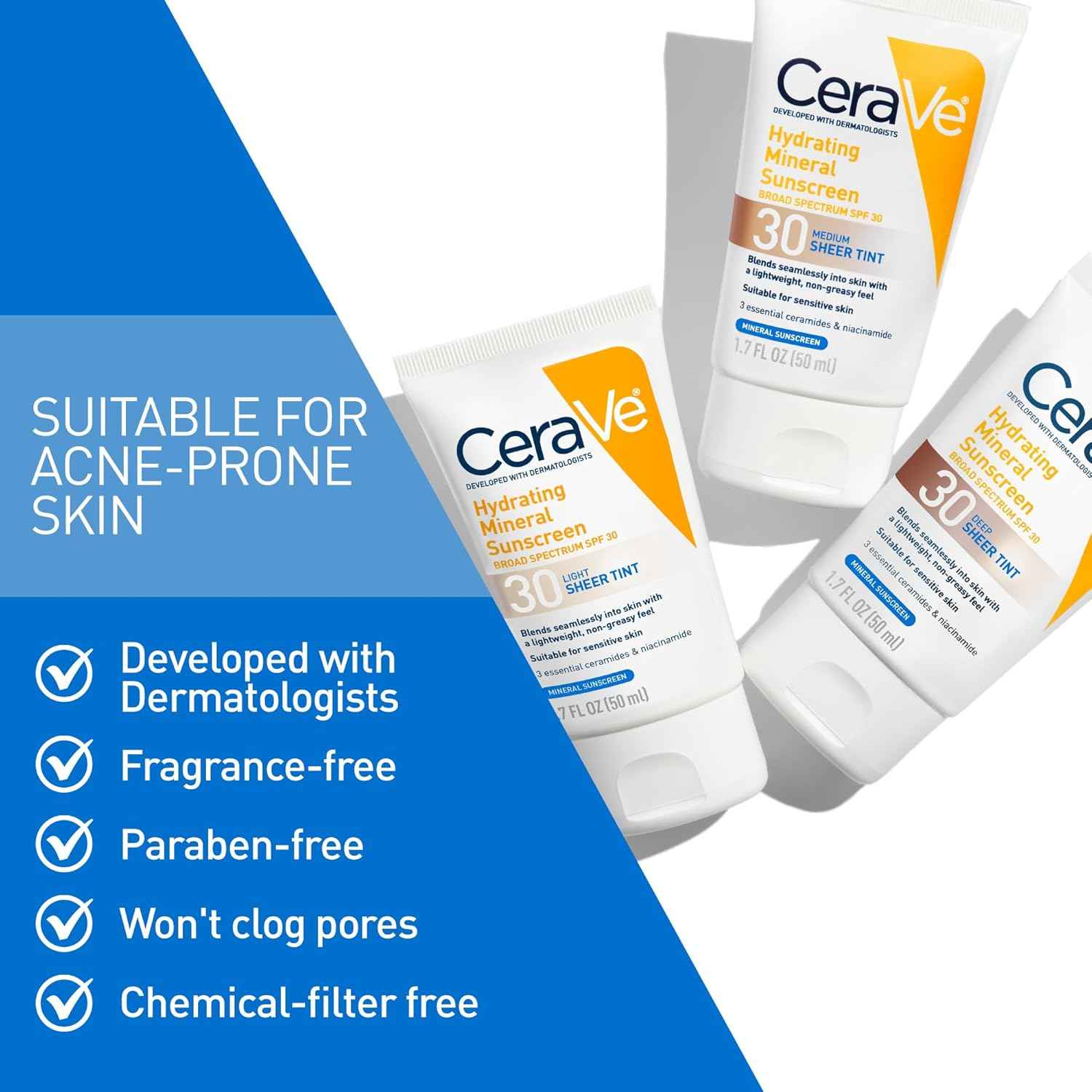 CeraVe Hydrating Mineral Sunscreen SPF 30 with Sheer Tint, Tinted Mineral Sunscreen with Zinc Oxide & Titanium Dioxide, Blends Seamlessly For Healthy Glow