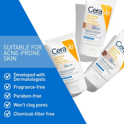 CeraVe Hydrating Mineral Sunscreen SPF 30 with Sheer Tint, Tinted Mineral Sunscreen with Zinc Oxide & Titanium Dioxide, Blends Seamlessly For Healthy Glow