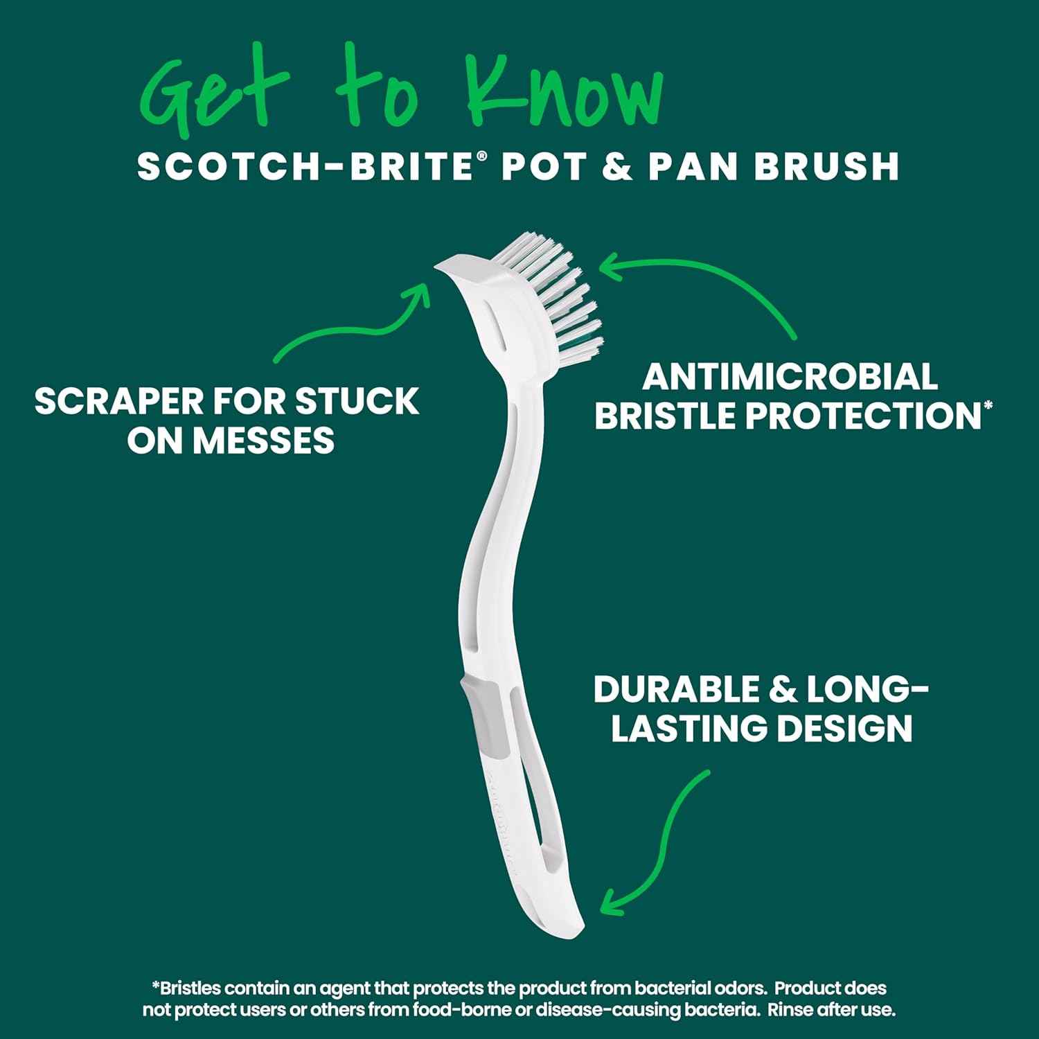Scotch-Brite, Durable and Long Lasting Dish Brush with Handle for Scrubbing Stainless Steel, Outdoor Furniture, and Sinks without Scratching, Antimicrobial, and Rinses Clean