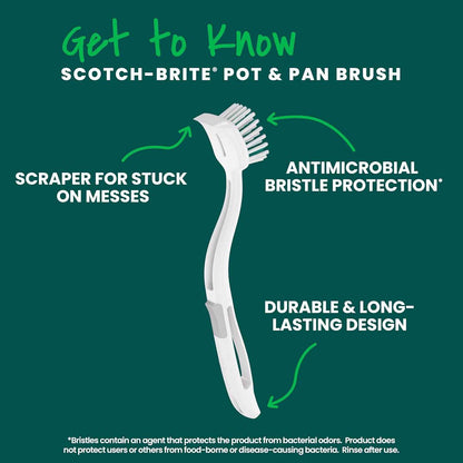 Scotch-Brite, Durable and Long Lasting Dish Brush with Handle for Scrubbing Stainless Steel, Outdoor Furniture, and Sinks without Scratching, Antimicrobial, and Rinses Clean