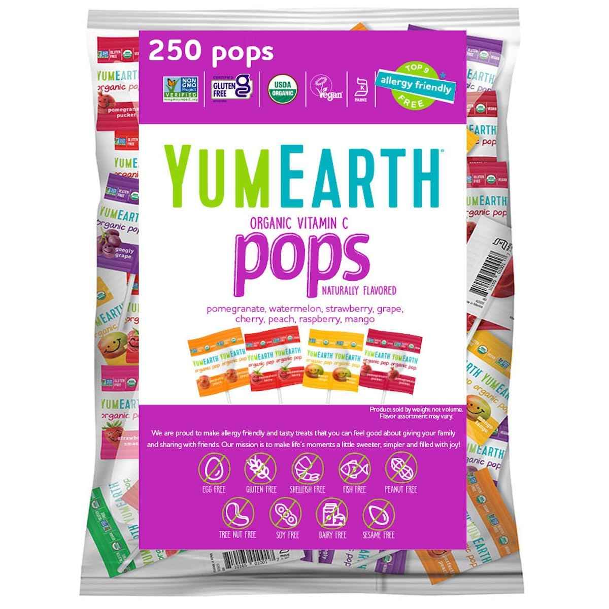 YumEarth Organic Pops, Fruit Flavored Favorites Lollipops, Allergy Friendly, Gluten Free, Non-GMO, Vegan, No Artificial Dyes