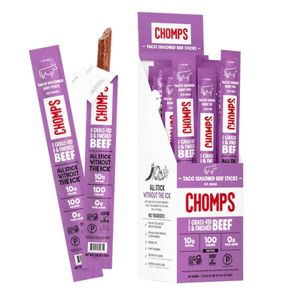 Chomps Grass-Fed and Finished Jerky Snack Sticks 24-Pack, Keto, Paleo, Whole30, 10g Protein, Gluten-Free