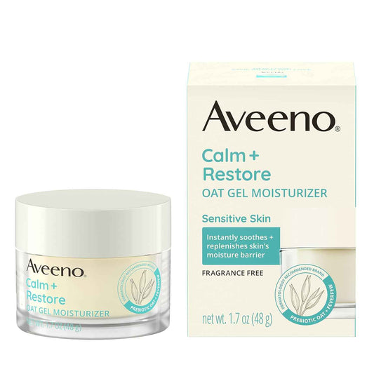 Aveeno Calm + Restore Oat Gel Facial Moisturizer for Sensitive Skin, Fast-Absorbing, Soothing Lightweight Gel Cream with Prebiotic Oat & Feverfew, Fragrance-Free & Hypoallergenic