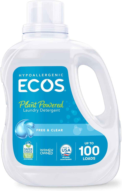 ECOS Laundry Detergent Liquid, 100 Loads - Dermatologist Tested Laundry Soap - Hypoallergenic, EPA Safer Choice Certified, Plant-Powered - Free & Clear, 100 Fl Oz