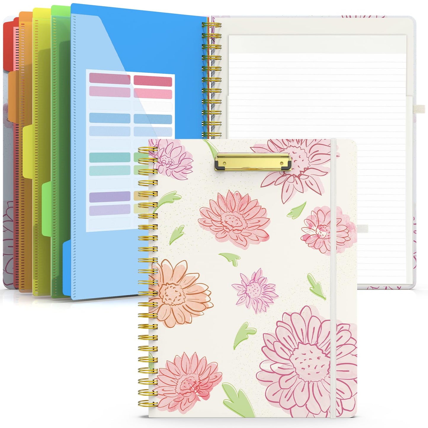 Sooez Clipboard Folio with Refillable Notepad, Folder with 10 Storage Pockets for Letter Size, Spiral Clipboard Notebook, Cute Portfolio for School, Office &amp;amp; Nursing