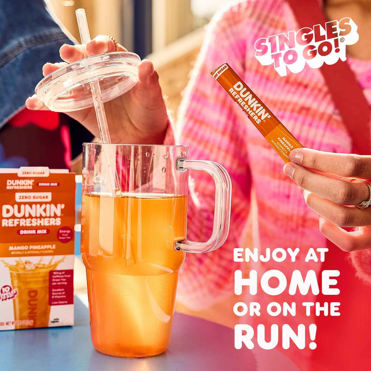 Dunkin’ Zero Sugar Refreshers Singles To Go! Powdered drink mix packets, 30 Ct Variety Pack, 30 Single serve Packets per Box (30 servings), Energy from Green Tea, aspartame-free, no synthetic colors, naturally and artificially flavored, just add water