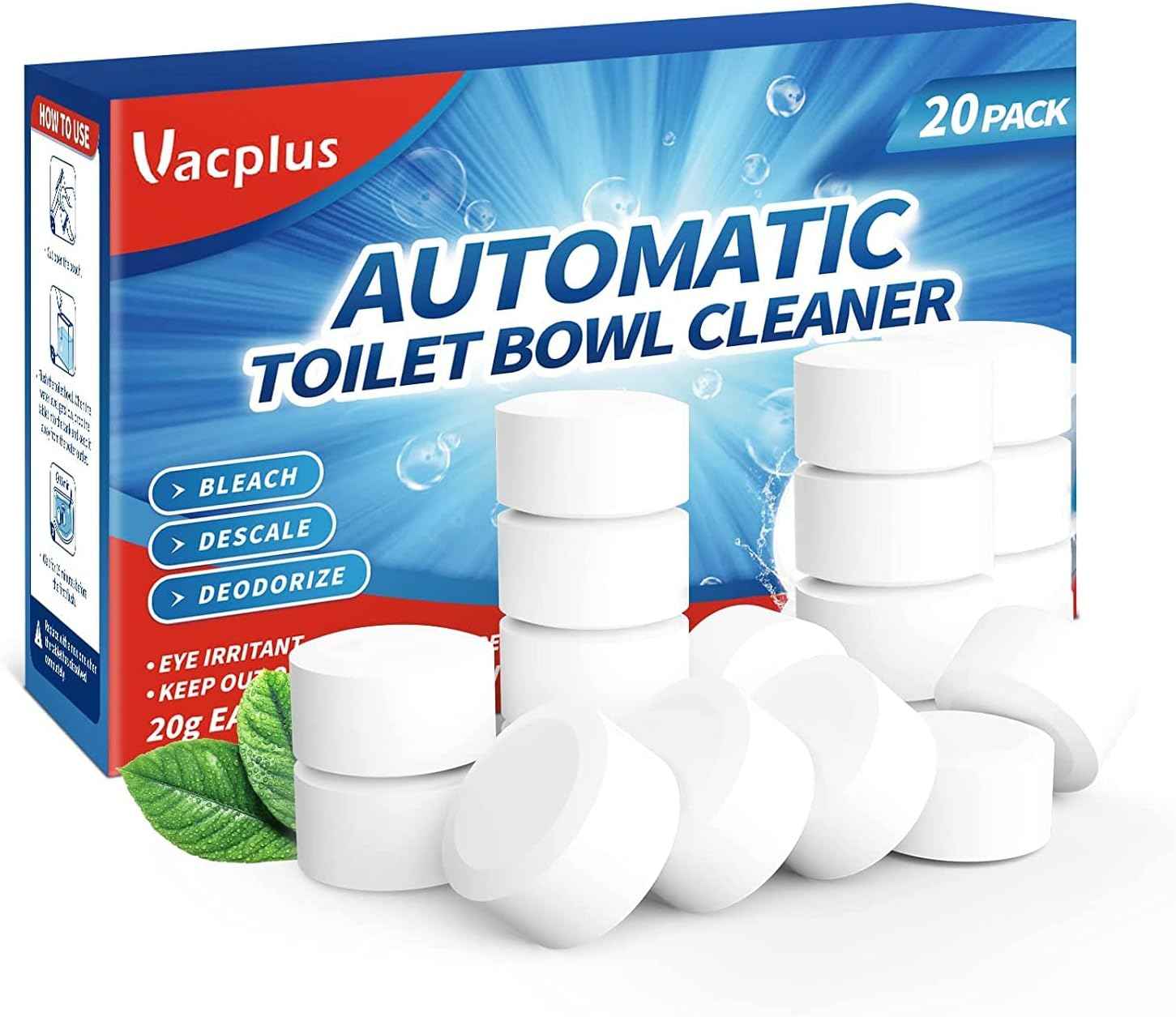 Vacplus Toilet Bowl Cleaner Tablets, Automatic Cleaners with Bleach, Slow-Releasing Toilet Tank Cleaners for Deodorizing & Descaling, Household Toilet Cleaners against Tough Stains