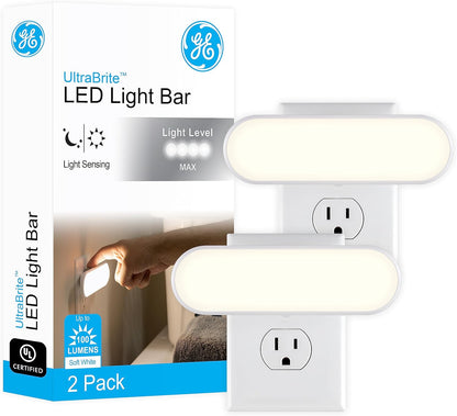 GE_Ultrabrite_LED_Light_Bar_Night_Lights_Plug_Into_Wall_Room_Decor_Ambient_Lighting_Dusk_to_Dawn_Sensor_Bright_Nightlight,_White,_100_Lumens,_2_Pack